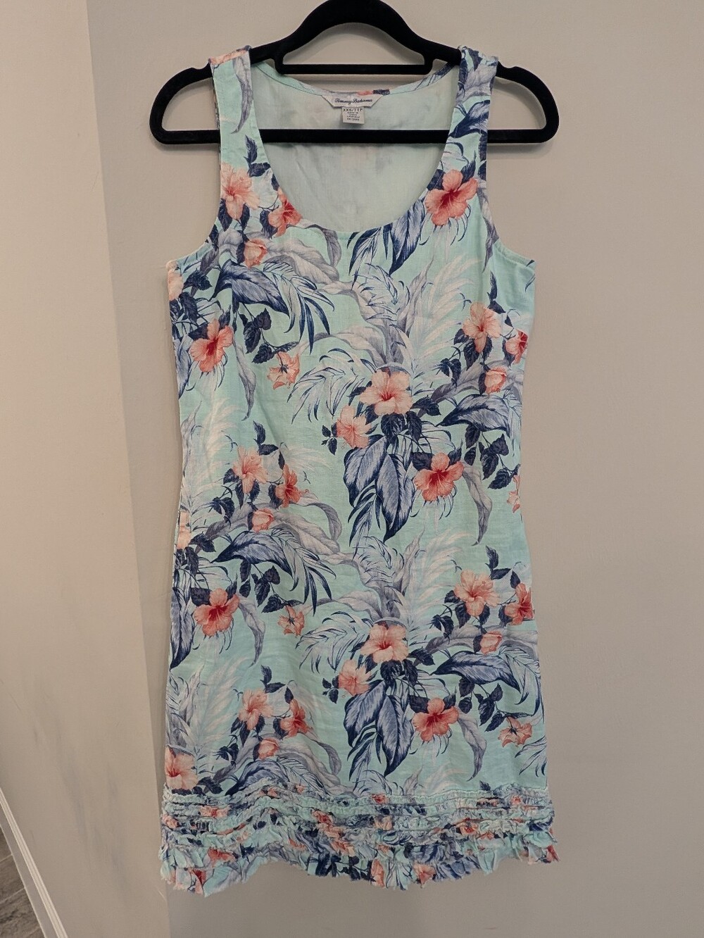 Tommy Bahama Linen Shift Mini Dress Pockets Aqua Floral Raw Hem Ruffle Size XXS